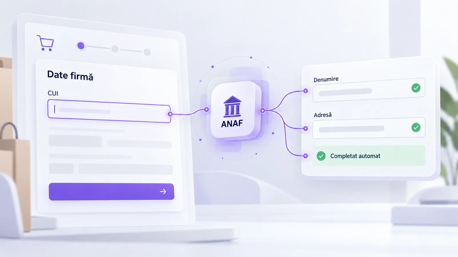 Ilustrație a completării automate a denumirii și adresei firmei la checkout în WooCommerce, prin căutarea CUI-ului în ANAF.