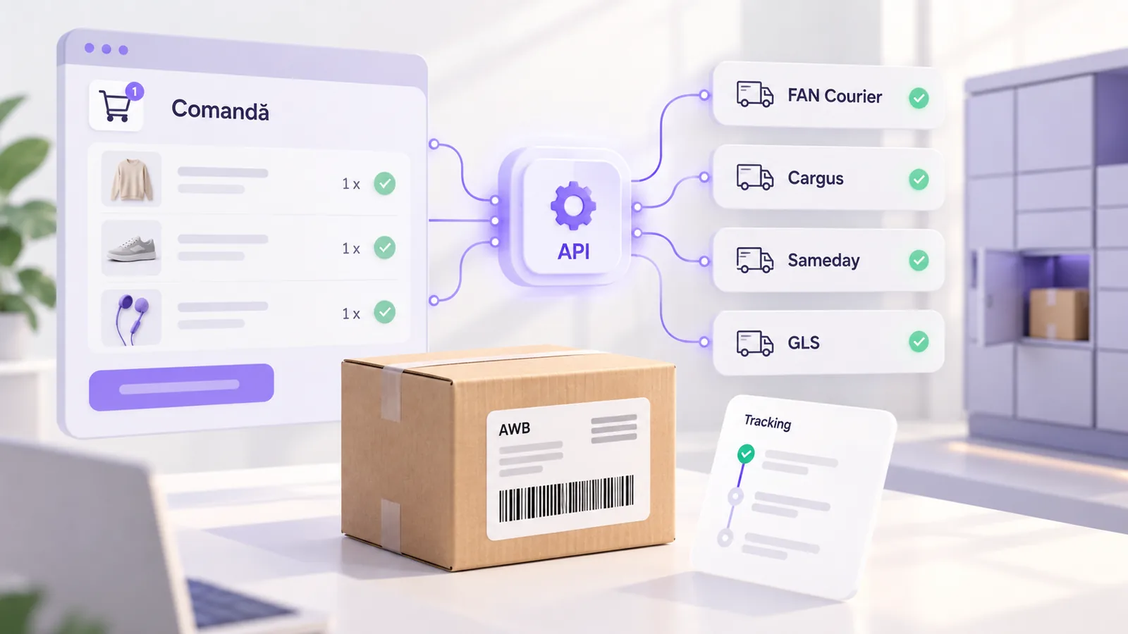 Comandă din magazinul online conectată prin API la FAN Courier, Cargus, Sameday și GLS, alături de un colet, AWB și tracking.
