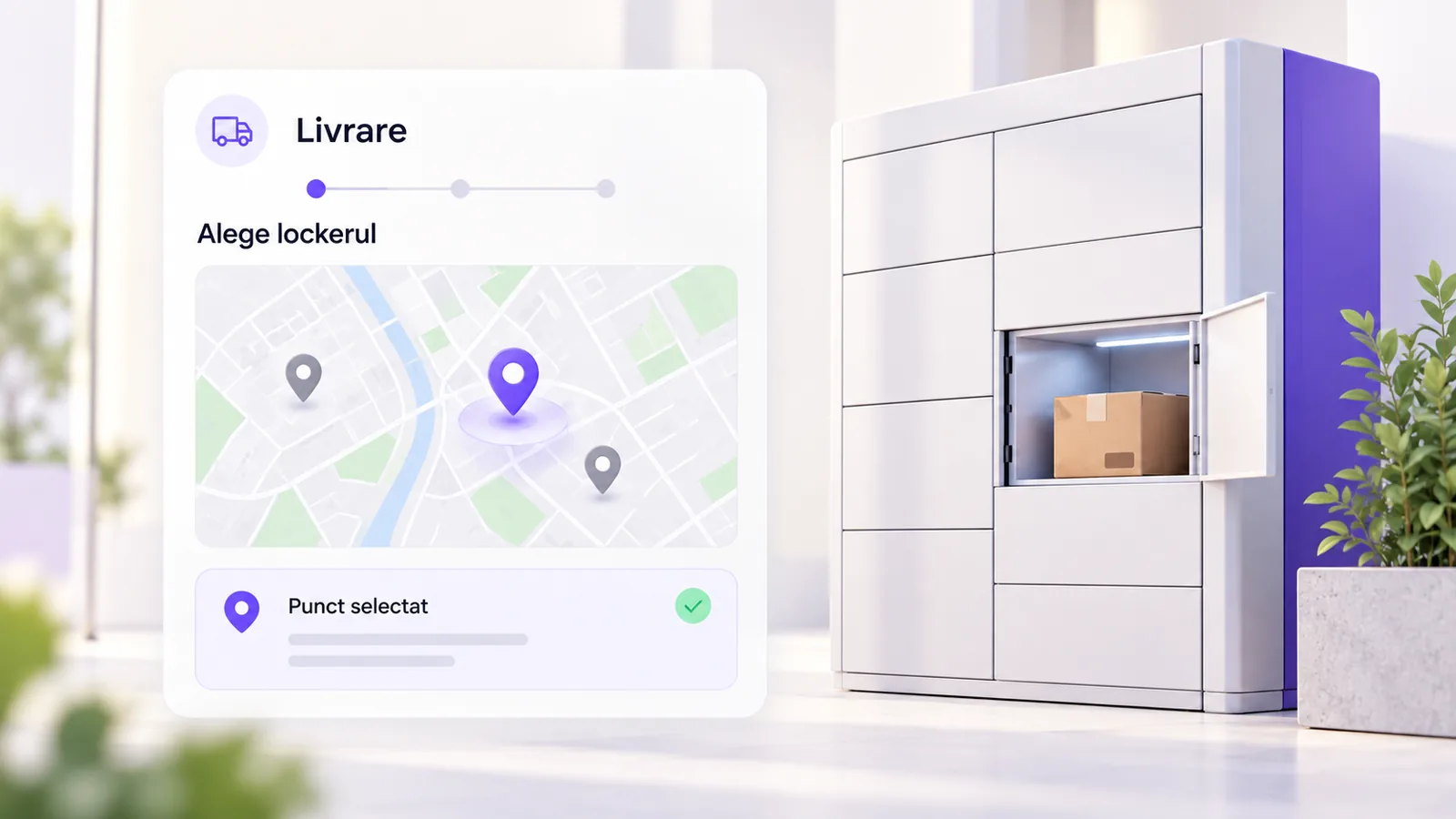 Selector de livrare în checkout cu hartă și punct selectat, alături de un locker cu un colet în compartimentul deschis.