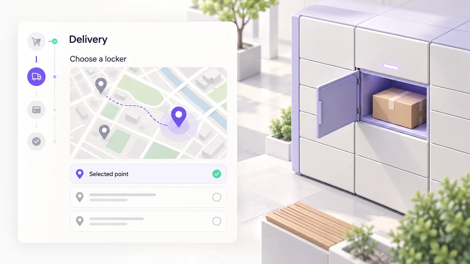 Checkout delivery selector with a map and selected pickup point beside a parcel locker with an open compartment.