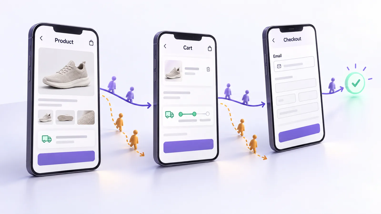 Customer journey through a WooCommerce store, from product page to cart and checkout, showing abandonment points and order confirmation.