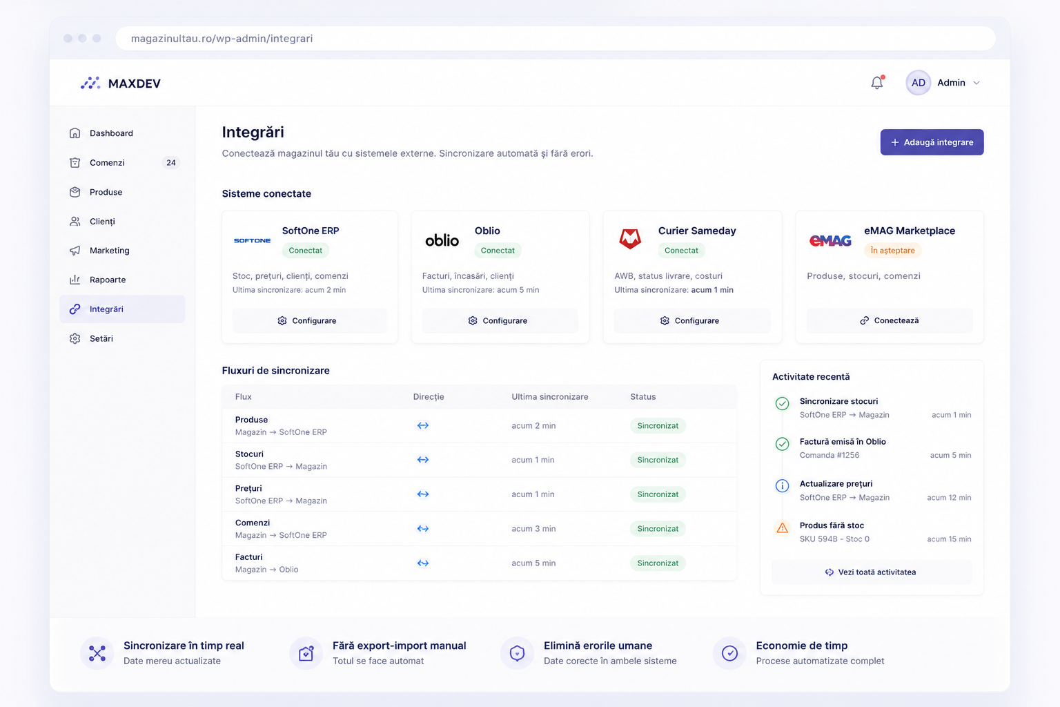 ERP integrations panel for an online store
