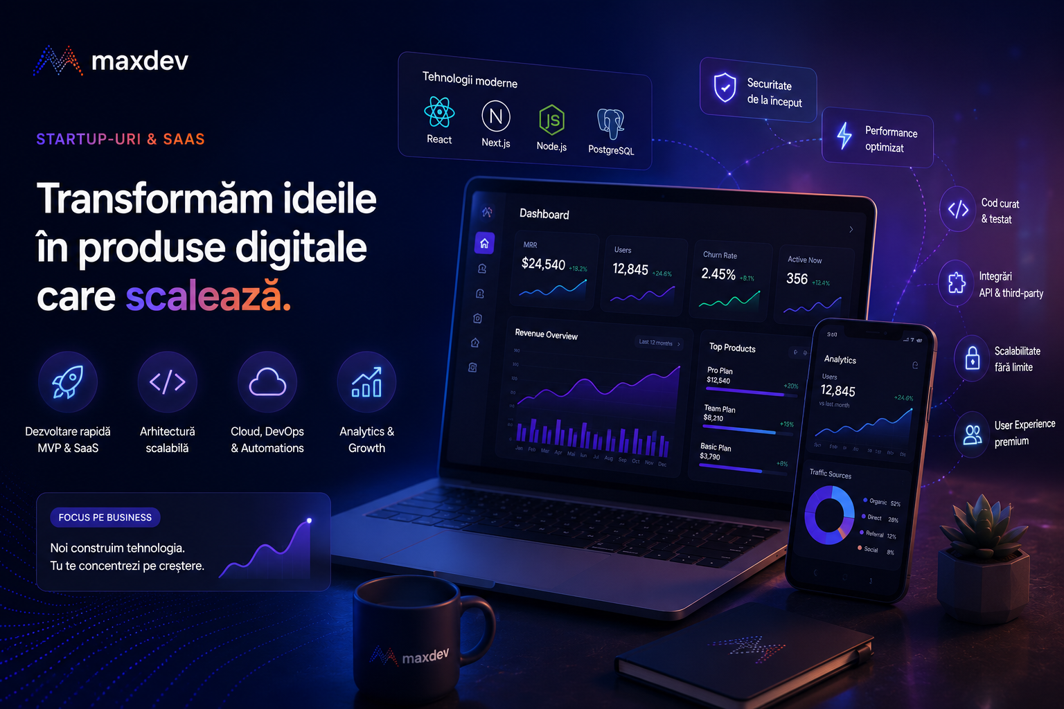 Panou de administrare pentru un startup sau produs SaaS