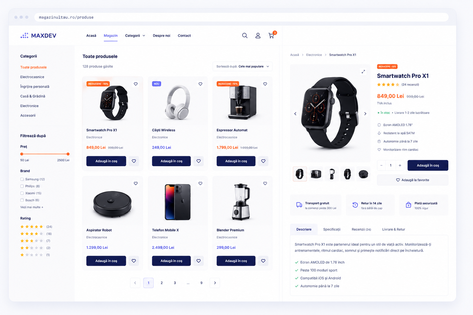 Catalog and product page for a WooCommerce online store
