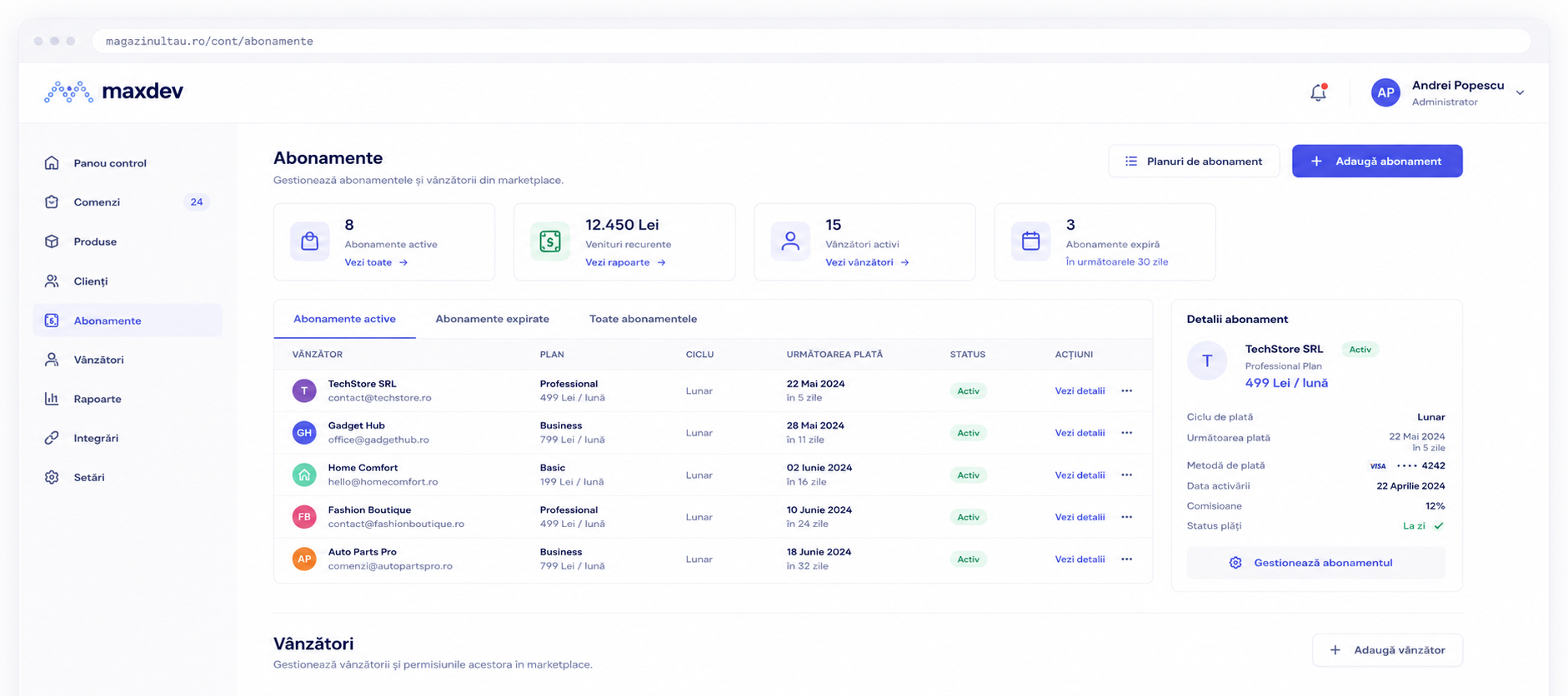 Subscriptions and multi-vendor dashboard for an online store
