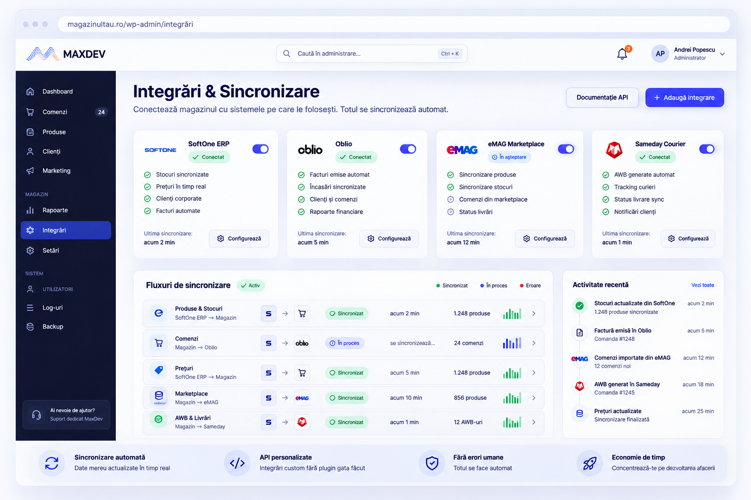 Integrations and ERP sync dashboard for an online store